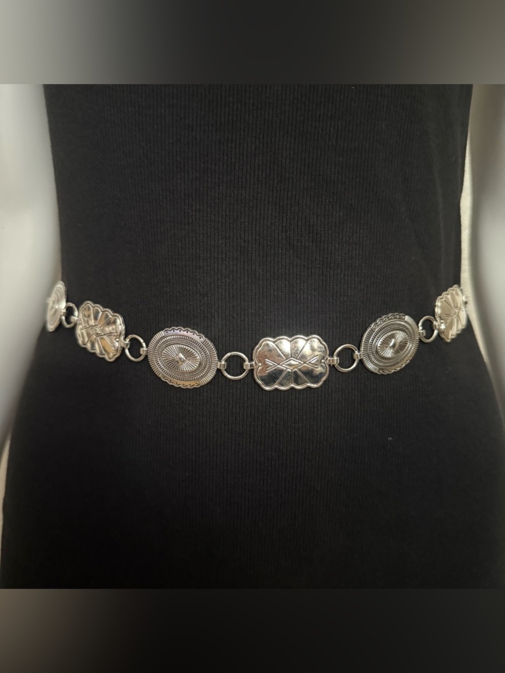 Old silver tone metallic concho style skinny chain belt